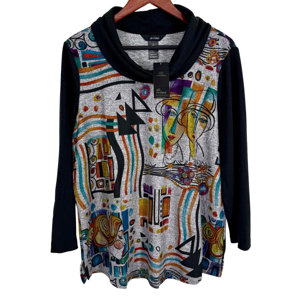 NEW NWT Ali Miles Medium Black Sparkly Wearable Art Blouse Shirt Top Abstract